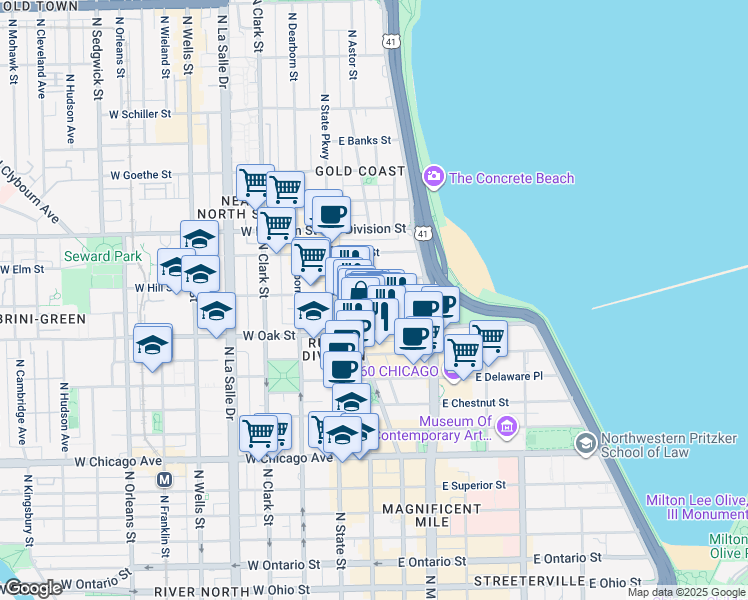 map of restaurants, bars, coffee shops, grocery stores, and more near 60 East Oak Street in Chicago