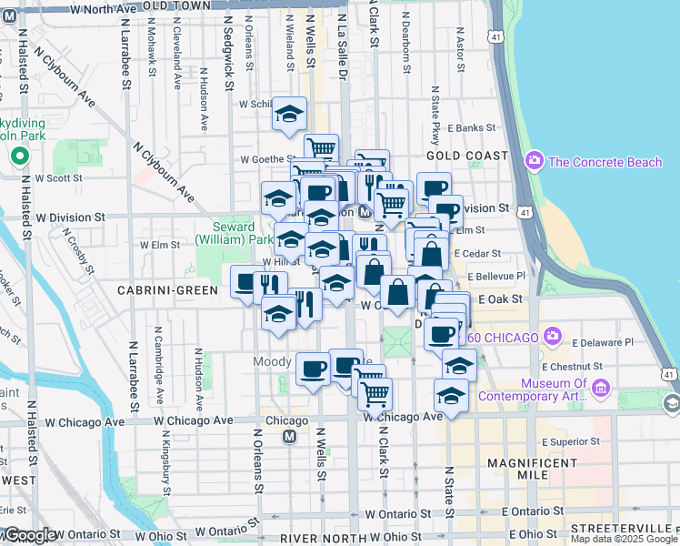 map of restaurants, bars, coffee shops, grocery stores, and more near in Chicago