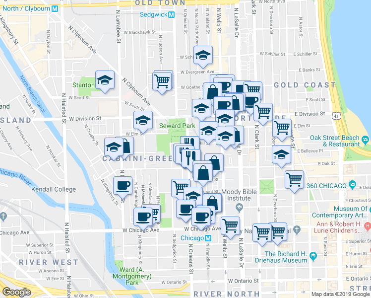 map of restaurants, bars, coffee shops, grocery stores, and more near 600 North Orleans Street in Chicago