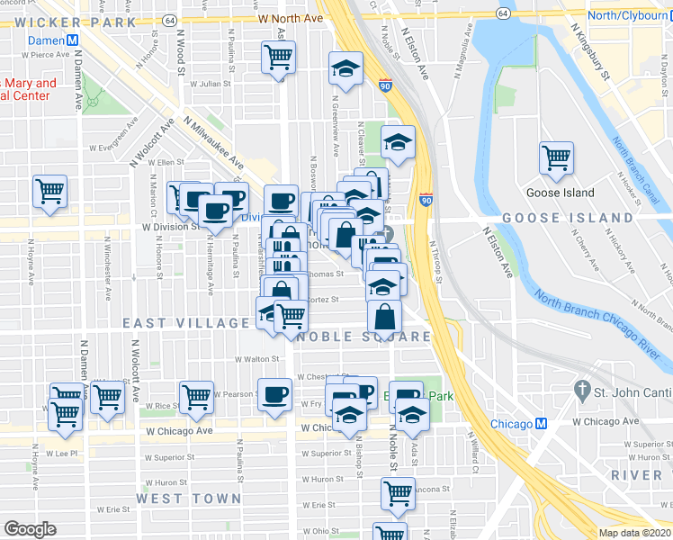 map of restaurants, bars, coffee shops, grocery stores, and more near 1450 West Cortez Street in Chicago