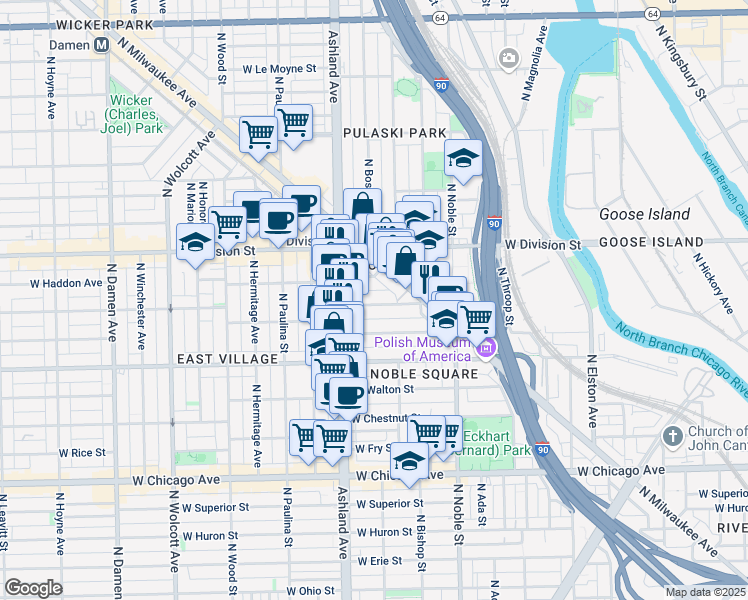 map of restaurants, bars, coffee shops, grocery stores, and more near 1528 West Cortez Street in Chicago