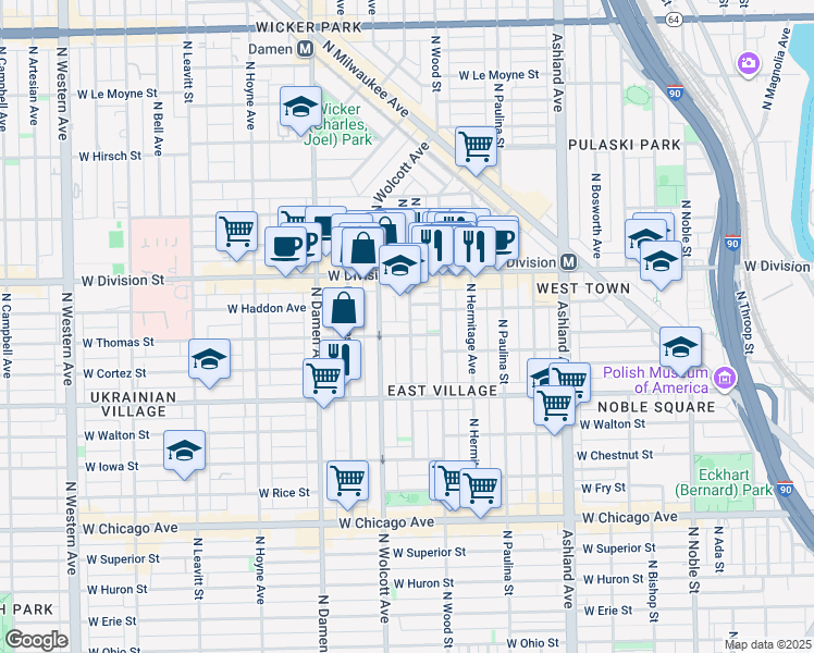 map of restaurants, bars, coffee shops, grocery stores, and more near 1048 North Honore Street in Chicago