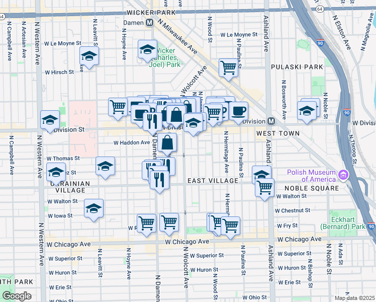 map of restaurants, bars, coffee shops, grocery stores, and more near 1048 North Wolcott Avenue in Chicago
