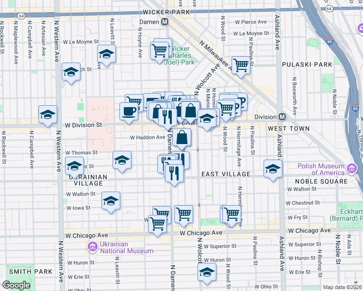 map of restaurants, bars, coffee shops, grocery stores, and more near in Chicago