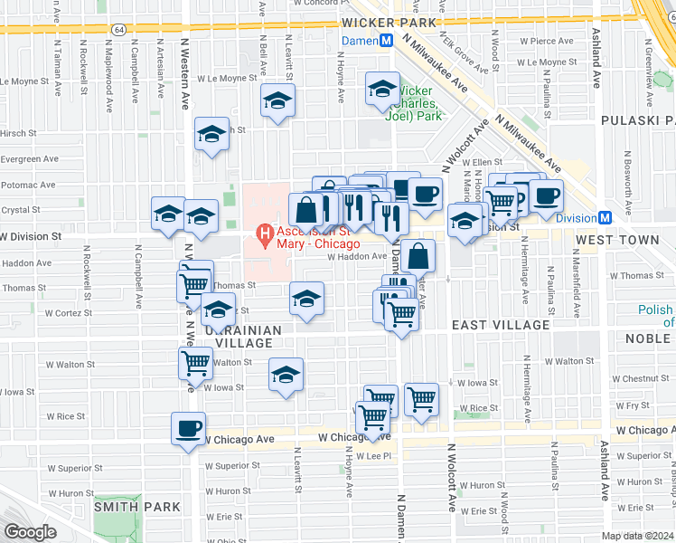 map of restaurants, bars, coffee shops, grocery stores, and more near 1051 North Hoyne Avenue in Chicago