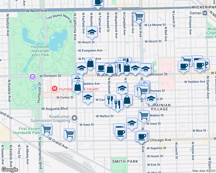 map of restaurants, bars, coffee shops, grocery stores, and more near 2551 West Thomas Street in Chicago