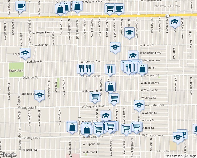 map of restaurants, bars, coffee shops, grocery stores, and more near 1127 North Mayfield Avenue in Chicago