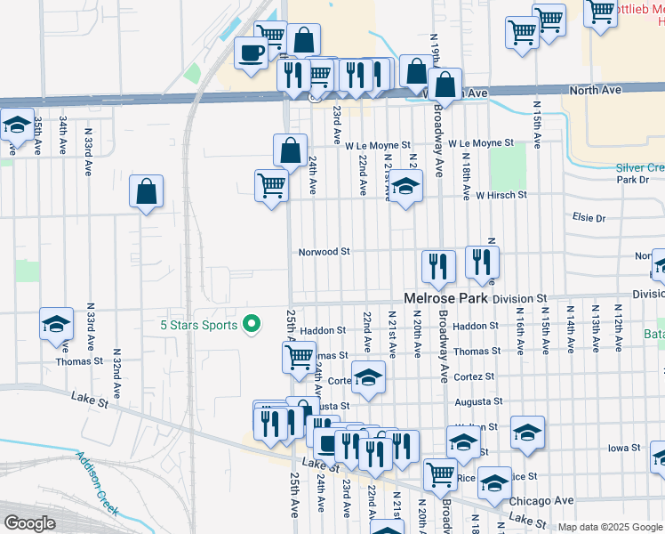 map of restaurants, bars, coffee shops, grocery stores, and more near 1515 North 24th Avenue in Melrose Park