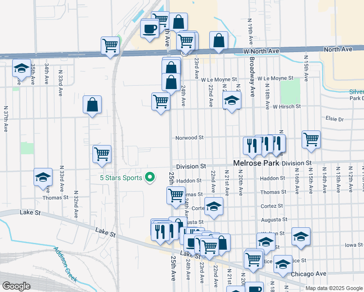 map of restaurants, bars, coffee shops, grocery stores, and more near 1515 25th Avenue in Melrose Park