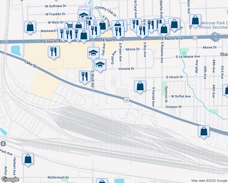 map of restaurants, bars, coffee shops, grocery stores, and more near in Northlake