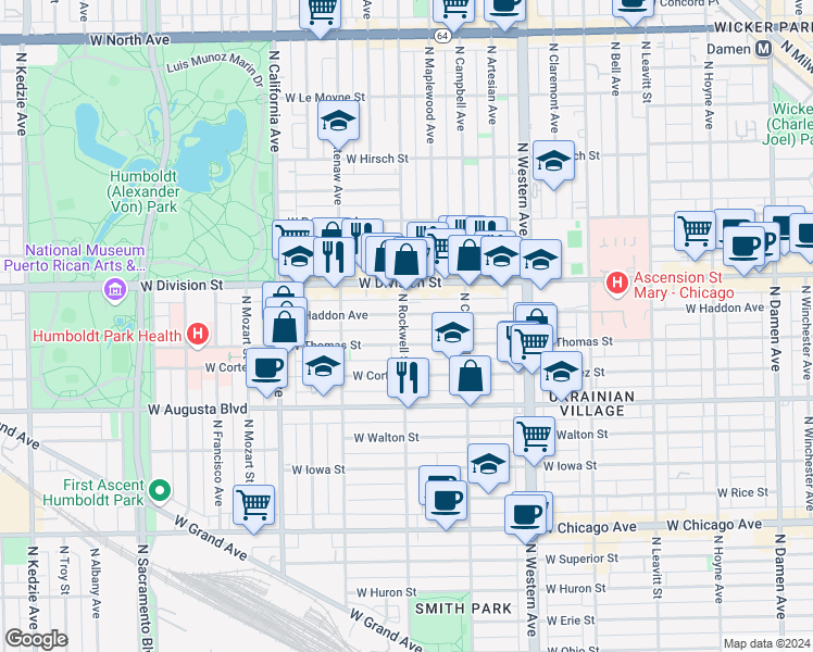 map of restaurants, bars, coffee shops, grocery stores, and more near 1115 North Rockwell Street in Chicago