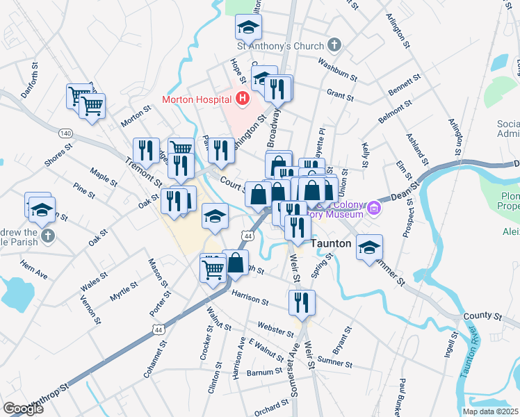 map of restaurants, bars, coffee shops, grocery stores, and more near 37 Taunton Green in Taunton