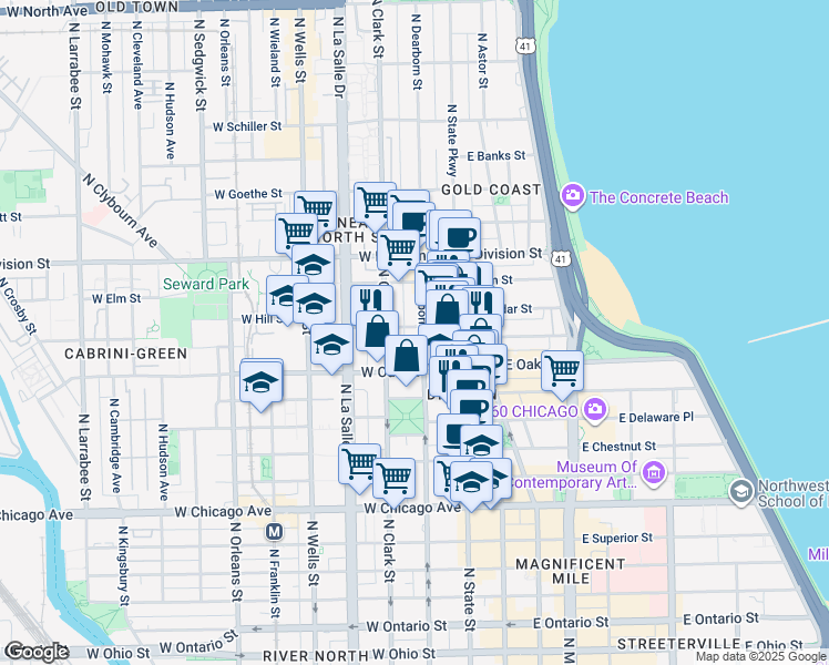 map of restaurants, bars, coffee shops, grocery stores, and more near 1036 North Dearborn Street in Chicago
