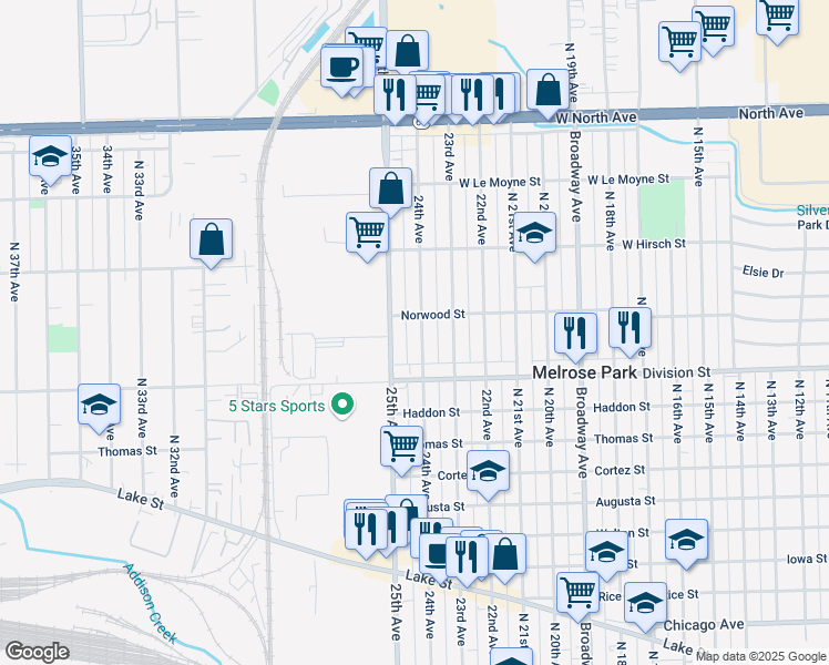 map of restaurants, bars, coffee shops, grocery stores, and more near 1515 25th Avenue in Melrose Park