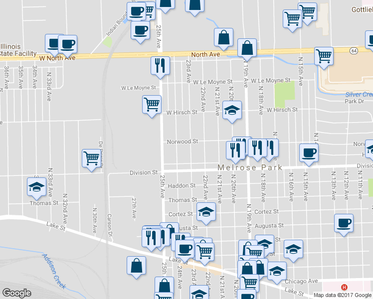 map of restaurants, bars, coffee shops, grocery stores, and more near 1515 North 24th Avenue in Melrose Park