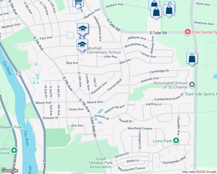 map of restaurants, bars, coffee shops, grocery stores, and more near 1913 Forrest Boulevard in St. Charles
