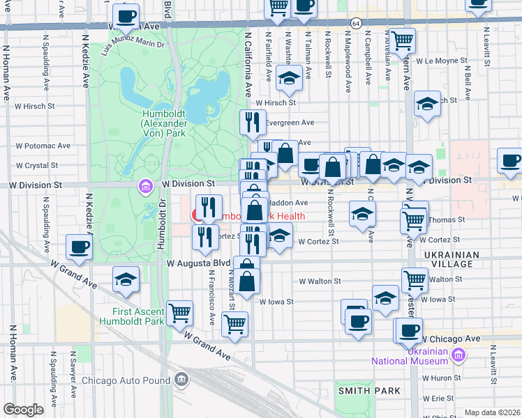 map of restaurants, bars, coffee shops, grocery stores, and more near 2743 West Division Street in Chicago