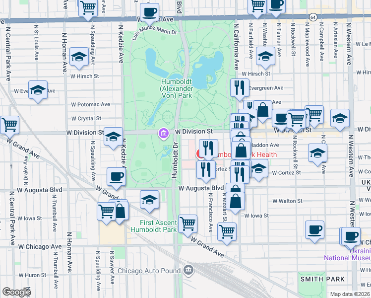 map of restaurants, bars, coffee shops, grocery stores, and more near in Chicago
