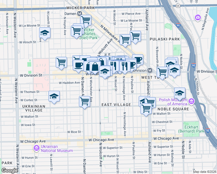 map of restaurants, bars, coffee shops, grocery stores, and more near 1824 West Haddon Avenue in Chicago
