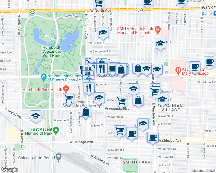 map of restaurants, bars, coffee shops, grocery stores, and more near 2701 West Division Street in Chicago