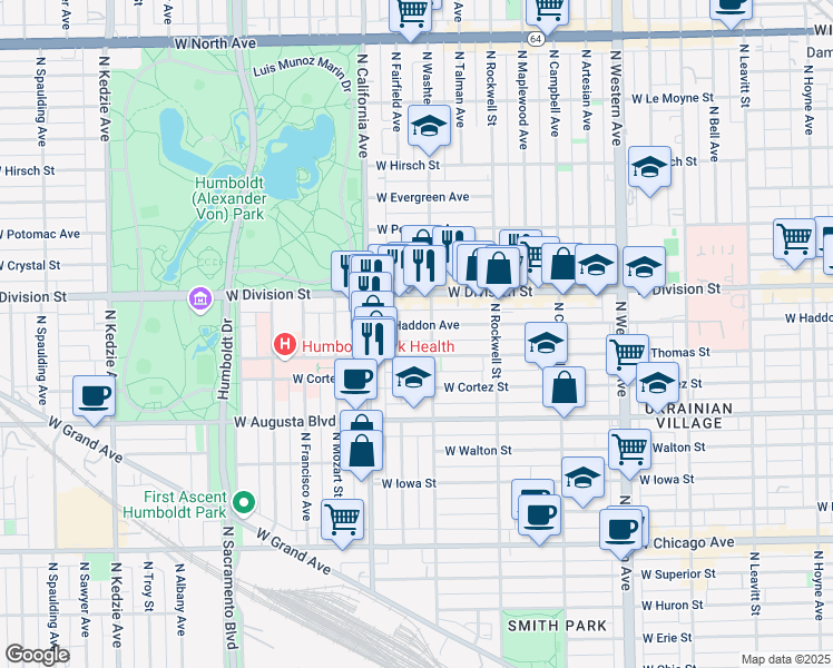 map of restaurants, bars, coffee shops, grocery stores, and more near 2713 West Haddon Avenue in Chicago