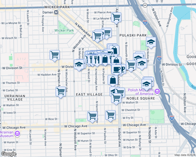 map of restaurants, bars, coffee shops, grocery stores, and more near 1712 West Haddon Avenue in Chicago