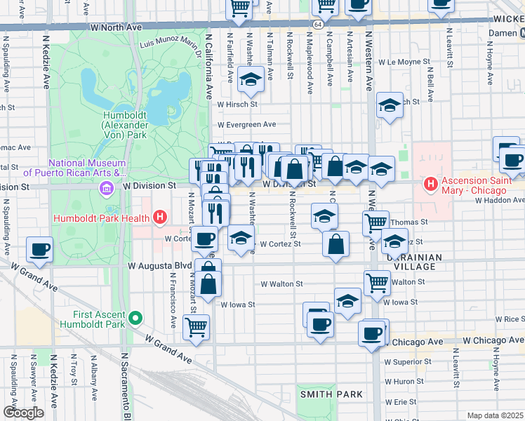 map of restaurants, bars, coffee shops, grocery stores, and more near 2647 West Haddon Avenue in Chicago