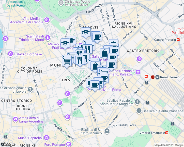 map of restaurants, bars, coffee shops, grocery stores, and more near 23 Via del Quirinale in Roma