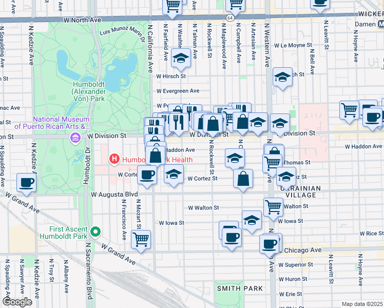 map of restaurants, bars, coffee shops, grocery stores, and more near 2641 West Haddon Avenue in Chicago