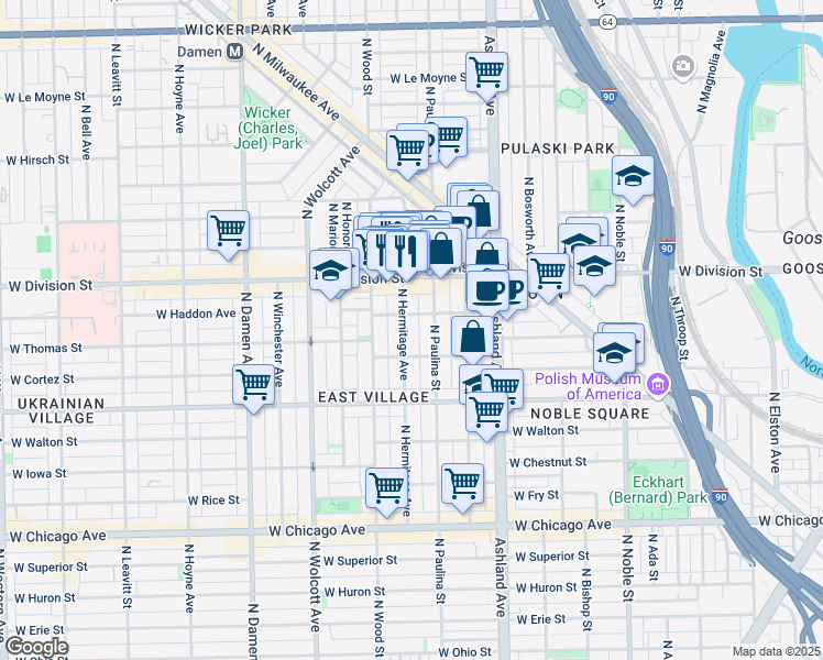 map of restaurants, bars, coffee shops, grocery stores, and more near 1712 West Haddon Avenue in Chicago