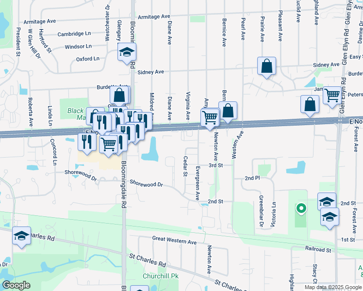 map of restaurants, bars, coffee shops, grocery stores, and more near 311 Illinois 64 in Glendale Heights