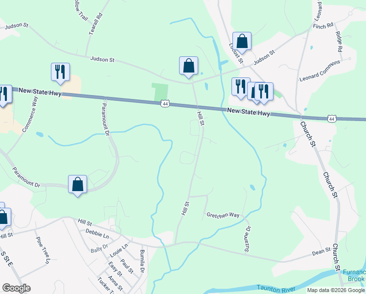 map of restaurants, bars, coffee shops, grocery stores, and more near 17 Essex Circle in Raynham