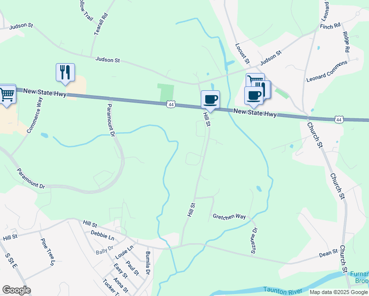 map of restaurants, bars, coffee shops, grocery stores, and more near 1305 New State Highway in Raynham