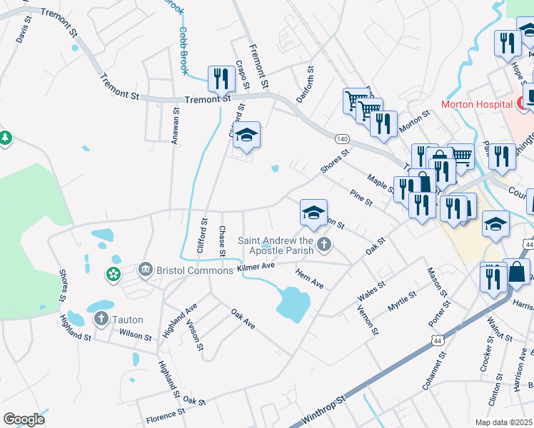 map of restaurants, bars, coffee shops, grocery stores, and more near 61 Shores Street in Taunton