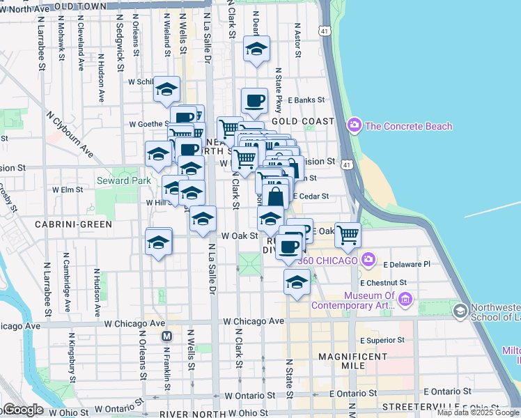 map of restaurants, bars, coffee shops, grocery stores, and more near 24 West Maple Street in Chicago