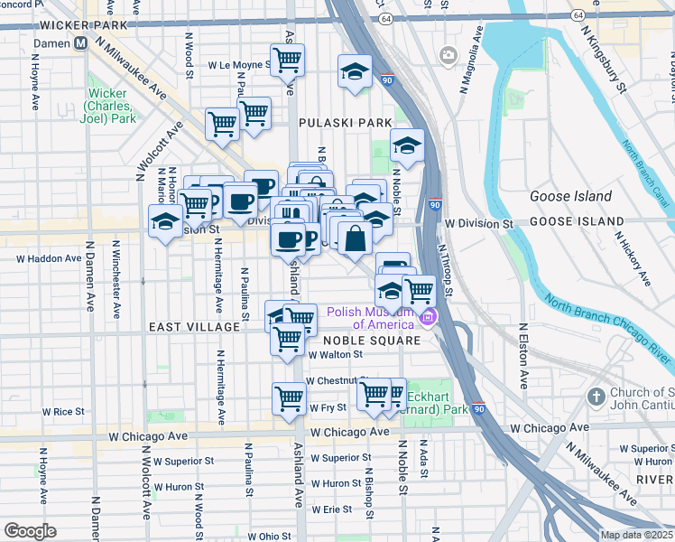 map of restaurants, bars, coffee shops, grocery stores, and more near 1515 West Haddon Avenue in Chicago