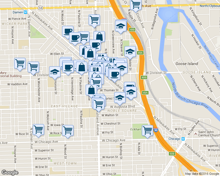 map of restaurants, bars, coffee shops, grocery stores, and more near 1515 West Haddon Avenue in Chicago