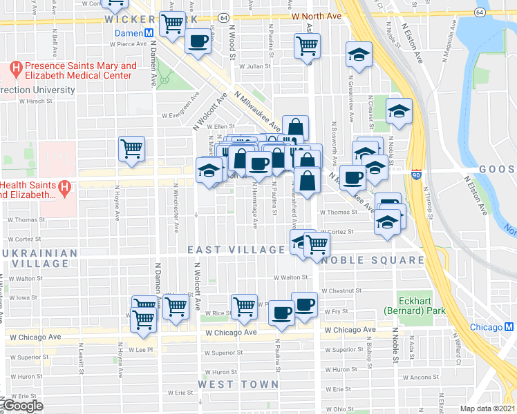 map of restaurants, bars, coffee shops, grocery stores, and more near 1712 West Haddon Avenue in Chicago