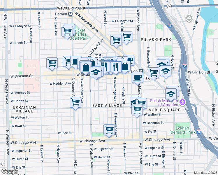 map of restaurants, bars, coffee shops, grocery stores, and more near 1133 North Wood Street in Chicago