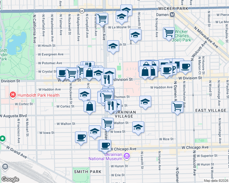 map of restaurants, bars, coffee shops, grocery stores, and more near 2235 West Division Street in Chicago
