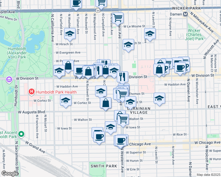 map of restaurants, bars, coffee shops, grocery stores, and more near 2438 West Haddon Avenue in Chicago
