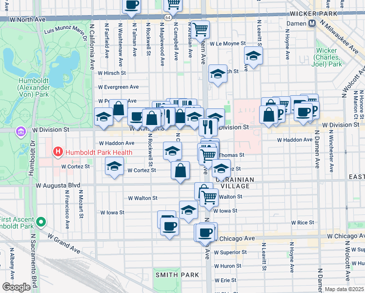 map of restaurants, bars, coffee shops, grocery stores, and more near 2438 West Haddon Avenue in Chicago