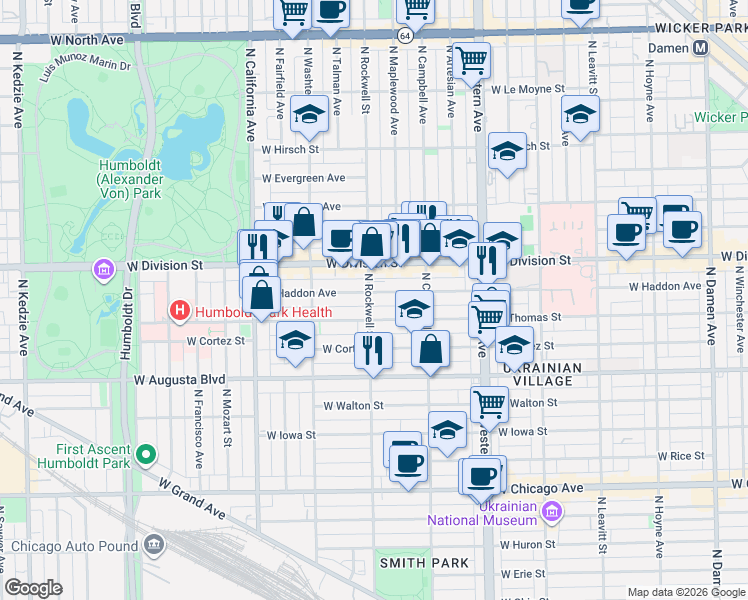 map of restaurants, bars, coffee shops, grocery stores, and more near 1145 North Rockwell Street in Chicago