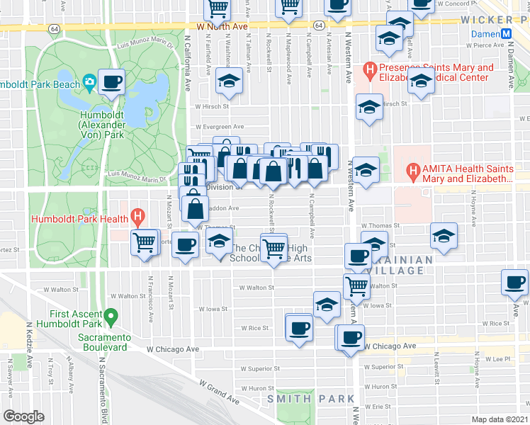 map of restaurants, bars, coffee shops, grocery stores, and more near 2625 West Division Street in Chicago