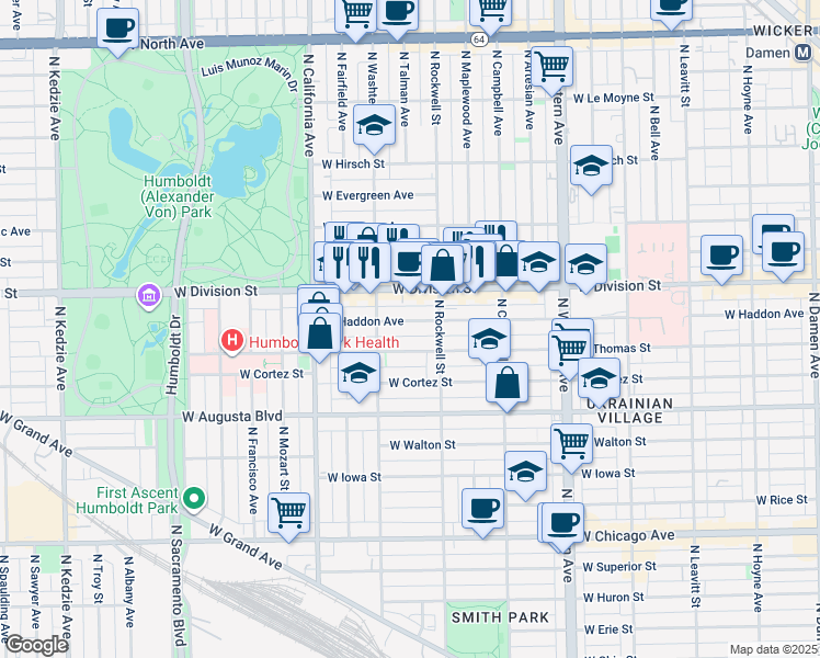 map of restaurants, bars, coffee shops, grocery stores, and more near 2625 West Division Street in Chicago