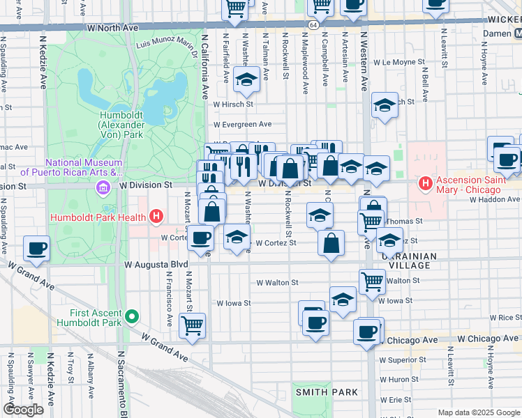 map of restaurants, bars, coffee shops, grocery stores, and more near 2625 West Division Street in Chicago