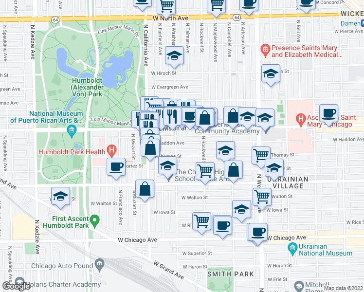 map of restaurants, bars, coffee shops, grocery stores, and more near 2701 West Division Street in Chicago
