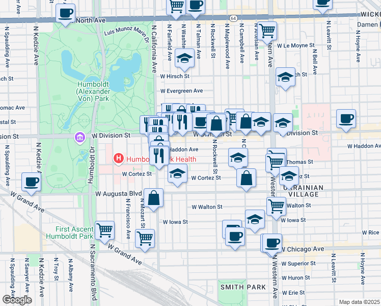 map of restaurants, bars, coffee shops, grocery stores, and more near 2701 West Division Street in Chicago