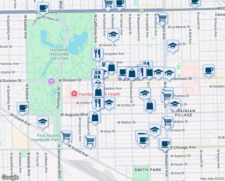 map of restaurants, bars, coffee shops, grocery stores, and more near 2701 West Division Street in Chicago