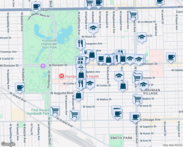 map of restaurants, bars, coffee shops, grocery stores, and more near 2701 West Division Street in Chicago